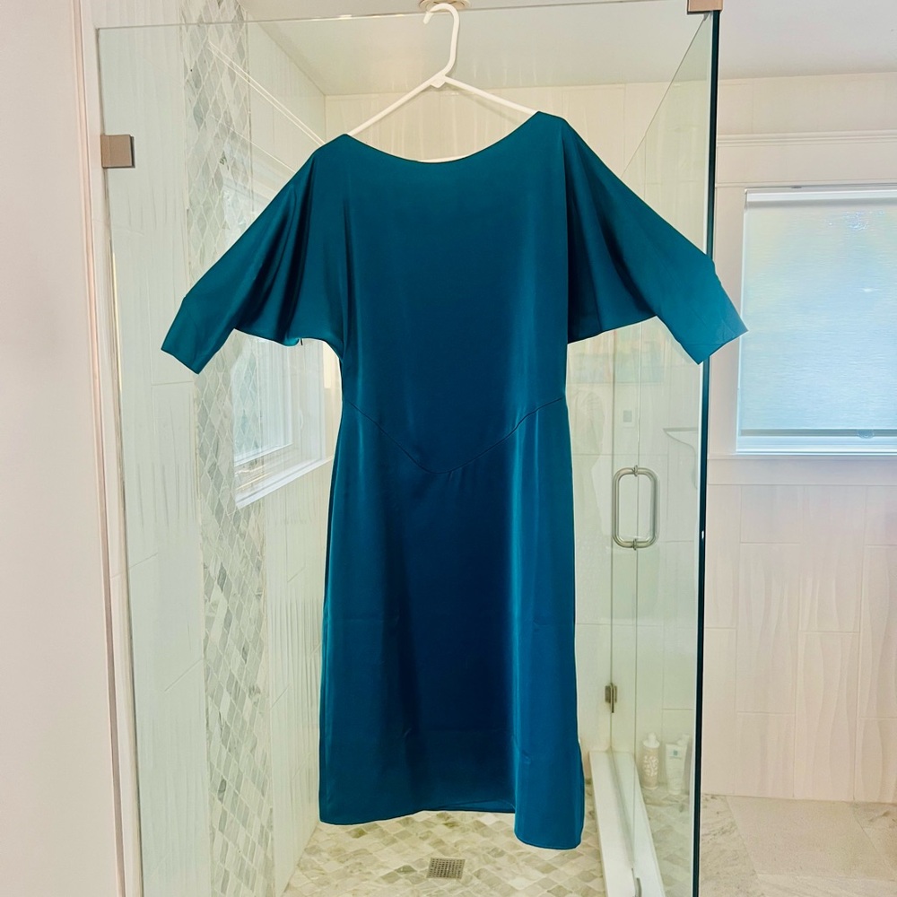 Women's Teal Silk Midi Dress with Draped Elbow Sleeves
